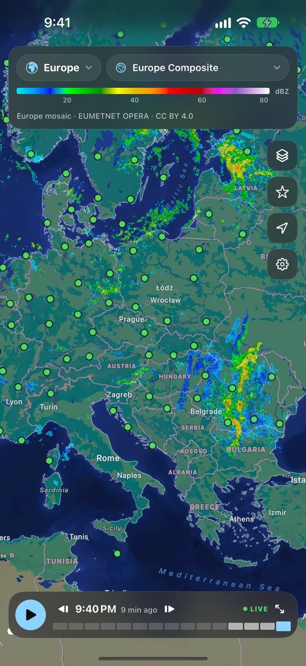 ScoutWx on iPhone: the EUMETNET OPERA composite over central and southeastern Europe, with Europe’s radars marked
