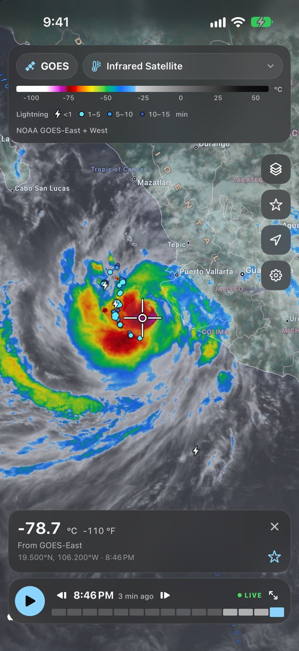 ScoutWx on iPhone: GOES infrared of Hurricane 20E off Mexico’s Pacific coast, lightning in the eyewall, the inspector reading cloud tops of minus 78.7 °C, minus 110 °F, from GOES-East
