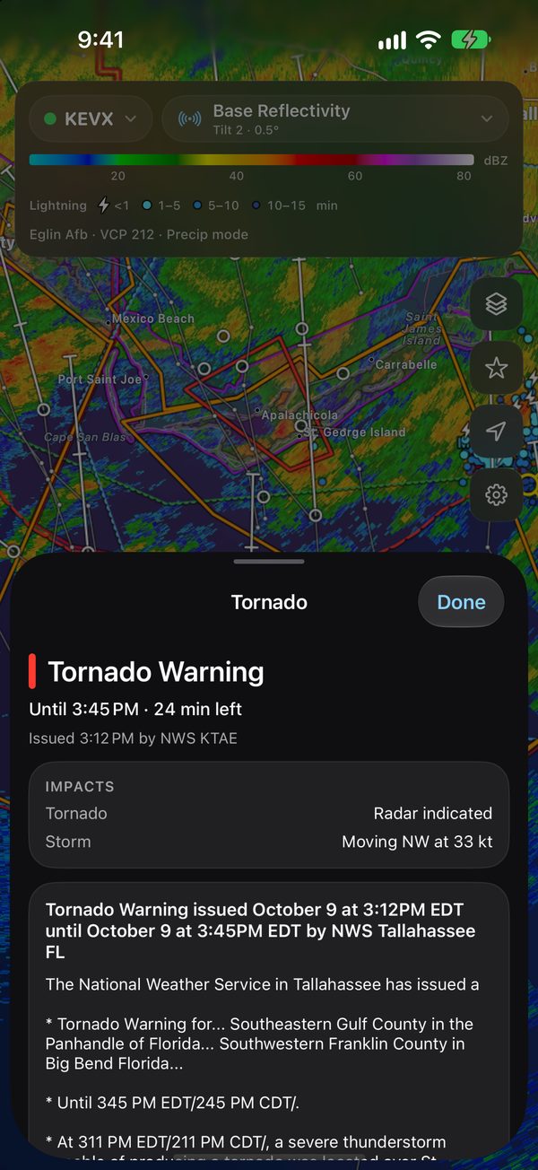 ScoutWx on iPhone: the alert sheet for an NWS Tallahassee Tornado Warning with 24 minutes left, radar indicated, and the warning’s text